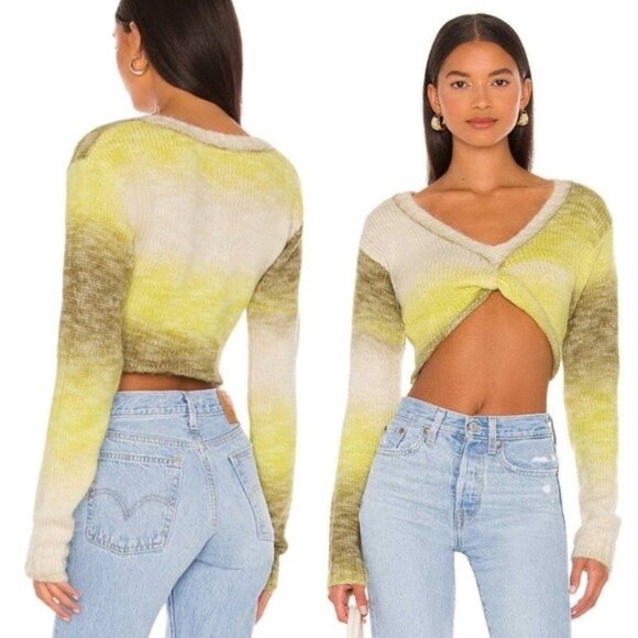 NWT For Love and Lemons Wool Celeste Twist Front Crop Sweater S Green Yellow - Picture 1 of 10